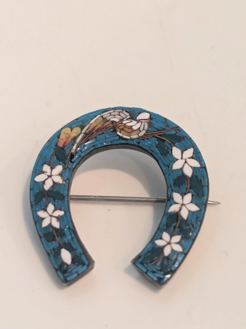 Vintage Mosaic Horseshoe Pin Brooch, Blue Bird On Tree Branch, Beautiful Piece!
